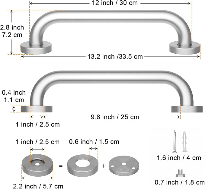 12 Inch Satin Brushed Nickel Shower Grab Bar - 1" Diameter, iMomwee Stainless Steel Bathroom Grab Bar Handle, Balance Bar for Shower and Wall, Safety Hand Rail Support, Handicap Elderly Assist Handle