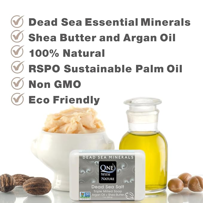 One With Nature Dead Sea Salt Soap 4oz 3-Pack – Purifying Soap Bar with Dead Sea Minerals for Face & Body, for Men & Women. Unscented.