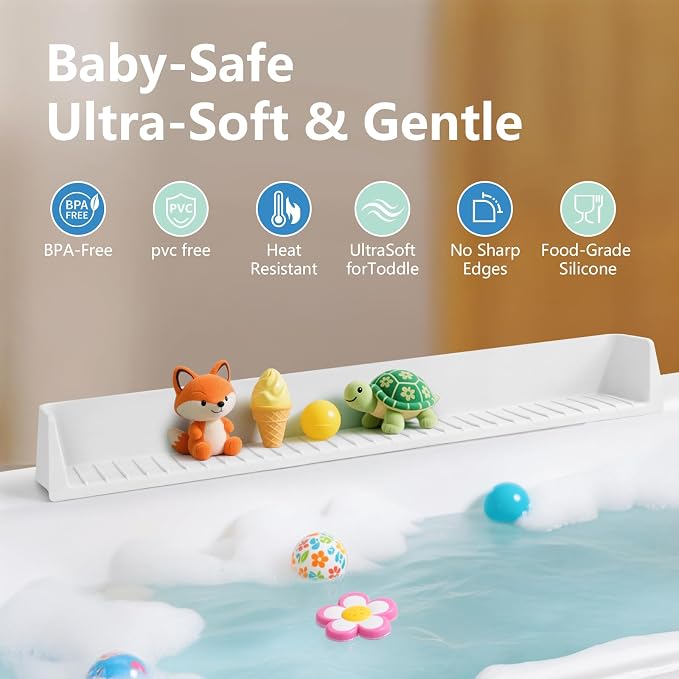 31.5" Bathtub Splash Guard for Tub Kids, Silicone Splash Shield with 11 Suction Cups, Toy Tray Shelf, No Spill Water Barrier, Prevents Mess, Fun Bathtime for Toddlers Baby–White