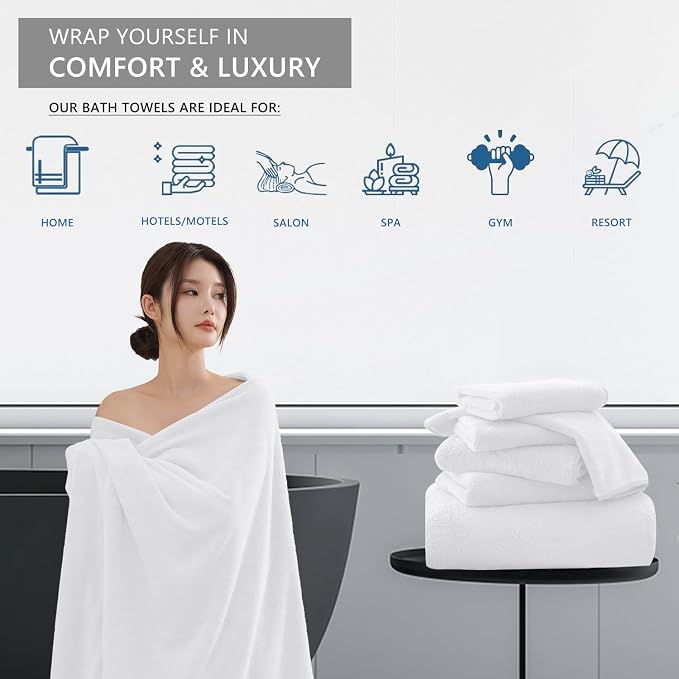 8 Piece Bathroom Towel Set White |2 Oversized Large Bath Towels Sheet,2 Hand Towels,4 Washcloths|Ultra Soft Microfiber Towel Set for Bathroom Hotel,Highly Absorbent Quick Dry Bath Towel Collections