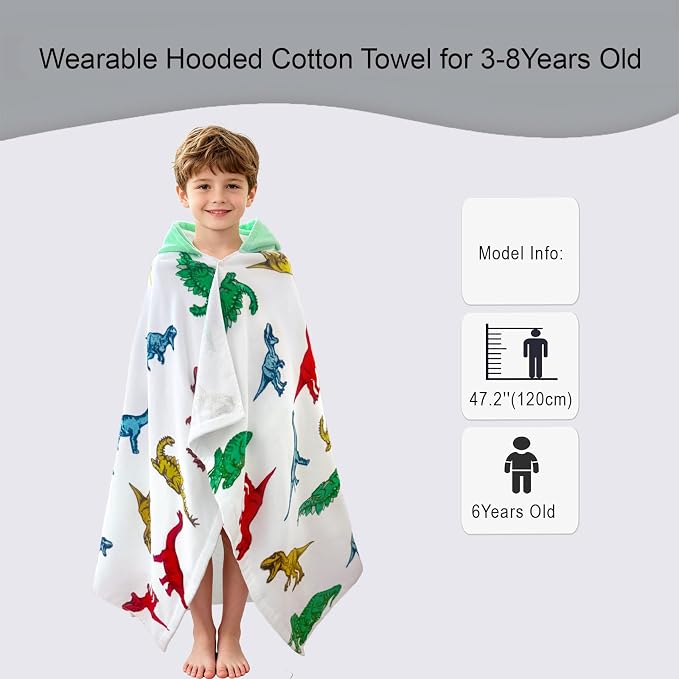 VOOVA & MOVAS Hooded Bath Towel for Kids (3-8 Years) – 100% Cotton Soft Absorbent Swim Towel (30"x50") – Perfect for Pool, Beach, Bath,Dino