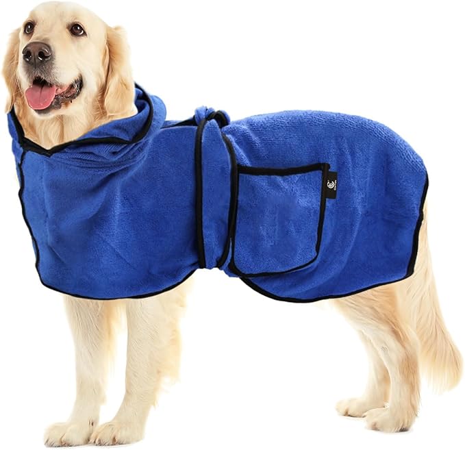 Dog Bathrobe Towel with Double Pocket, Wearable Dog Towel Super Absorbent Fast Drying, Soft Bath Robe with Hat and Belt for Medium Large Pet (Large:Back Length 23"/60 cm)