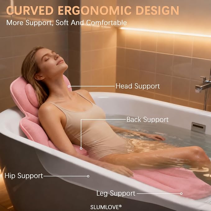 Full Body Bath Pillow for Bathtub - Thick Bathtub Cushion, Bathtub Pillow with 114 Suction Cups, 5D Air Mesh Bath Pillows for Tub Full Body, Head Neck Back Support, Pink 59 x 20 in