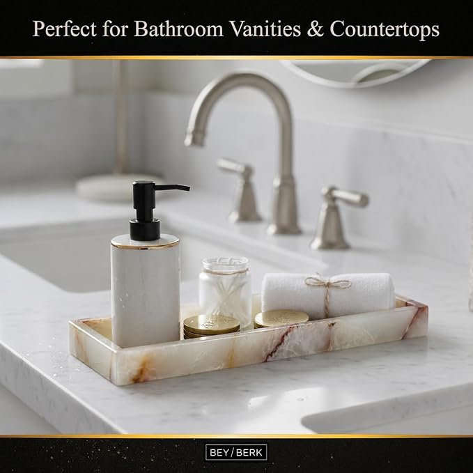 Bey-Berk International Green Onyx Marble Bath Tray, White & Tan