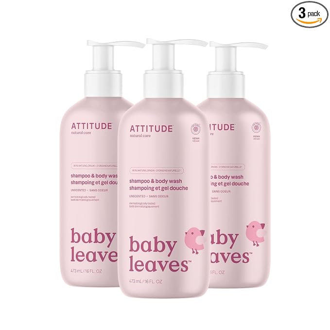 ATTITUDE Baby 2-in-1 Shampoo and Body Wash, EWG Verified, Dermatologically Tested, Vegan, Unscented, 16 Fl Oz (Pack of 3)