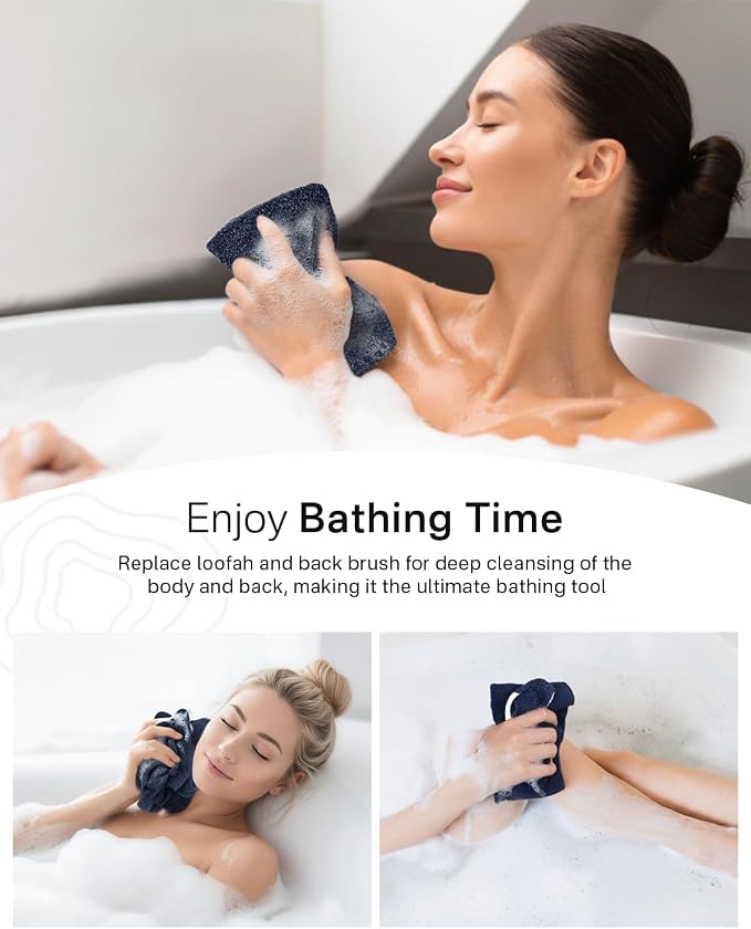 Yiclick Exfoliating Washcloth Towel with Handle, Back Scrubber for Shower, Exfoliating Body Scrubber Exfoliator, Japanese Wash Cloth for Body Scrub, Bath Sponge Loofah Luffa Washer Exfoliator