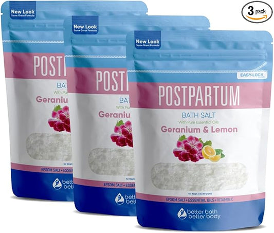 Postpartum Bath Salt (3 Pack) Postpartum Bath Soaks USP Grade Epsom Salt with Pure Essential Oils in BPA Free Pouch with Press Lock Seal Made in USA Three 2 Lbs Pouches 6 Lbs Total