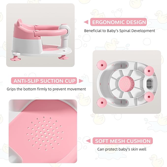 Baby Bath Seat for Babies 5-10 Months, Non-Slip Toddler Bath Seats for Babies Sitting Up, Safe Infant & Newborn Bathtub Chair with 4 Suction Cups & Soft Cushion for Shower,Pink