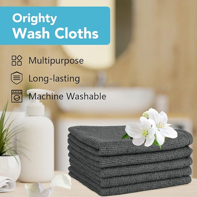 Orighty Washcloths Bulk, 200 Pack Highly Absorbent & Soft Feel Microfiber Face Towels, Multi-Purpose Wash Cloths & Hand Towels for Bathroom, Hotel, Spa, and Gym, 12x12 Inch, Grey