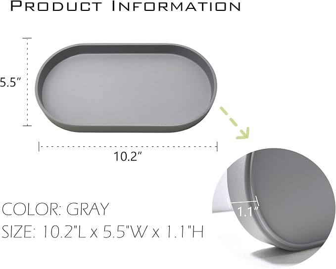 Gray Small Oval Tray (10 inch), 3 Pack, Countertop Organizer | for Kitchen Counter, Bathtub Bathroom Vanity Items, Coffee Accessory, Bar, Serving Seasoning, Salt and Pepper, Soap, Perfume.