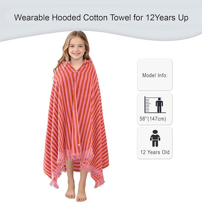 VOOVA & MOVAS Hooded Bath Towels for Teens/Big Kids (12Years Up) | Soft Absorbent 100% Cotton Thick Towel Wrap | Versatile Beach, Pool, Swim & Bath Cover-Up | RedPink