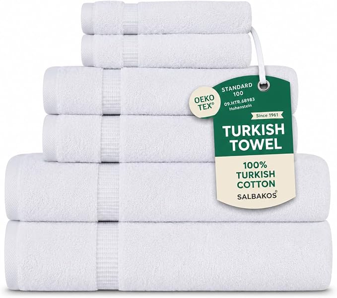 SALBAKOS 100% Turkish Cotton Bathroom Towel Set of 6 White | Premium Quality Turkish Towel Set for Gift | Hotel Collection Bath+Hand+Washcloth Towel Sets | Made in Turkey (White, 6 Piece Towel Set)