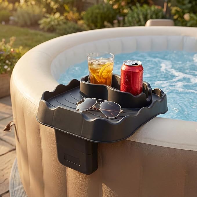Hot Tub Table Tray,Foldable Hot Tub Side Table,Drink Caddy with 2 Cup Holders and Drain Holes,Keep Snacks-Drinks Handy and Dry,for Width 6.7-7.8in Inflatable Spa/Pool,Black