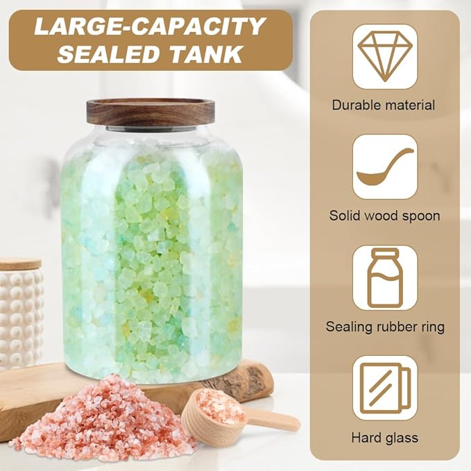 Bath Salts Glass Jar, Bath Salt Container with Wooden Lid and Scoop, Glass Food Storage Jars for Home Decor,Tea,Spice,Cereal, Egg,Flour,Coffee(73 oz,Clear)