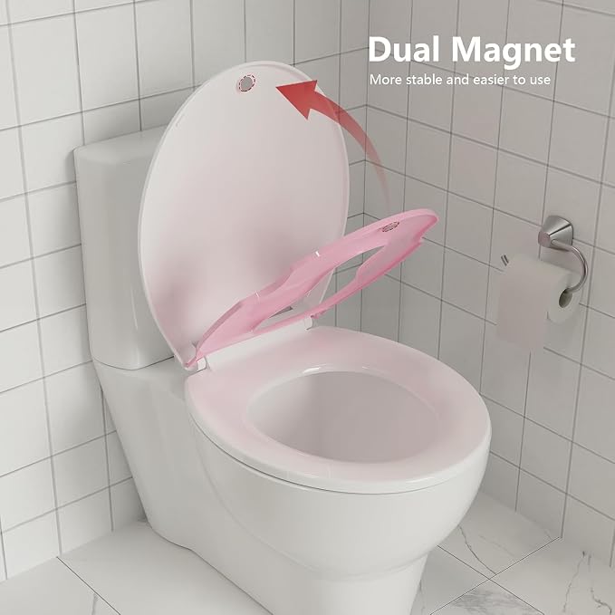 17” Round Toilet Seat with Built-in Toddler Seat for Easy Potty Training, Baby Toilet lid 2 in 1, Easy Install and Clean, PP Material Safe and No Loosen, Perfect for Both Adults and Children, Pink
