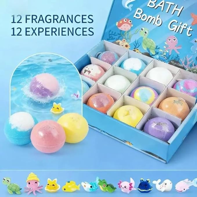 Ocean Toy Bath Salt Ball Sleeve Box Bath Bombs,Bath Bombs with Surprise Inside,Gift Set with 12 Sea Animal Toys,Fun,Educational,and Safe Natural Bath Bubble with Toys,Great Gift for Kids’Birthdays