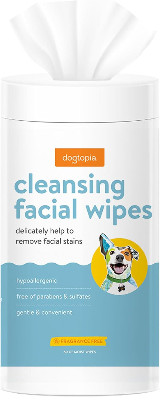 Dogtopia Cleansing Facial Wipes for Pets | Convenient Face Cleaning Wipes (60 Count) for Dogs and Cats | Hypoallergenic, Fragrance-Free, Remove Eye Discharge and Tear Stains