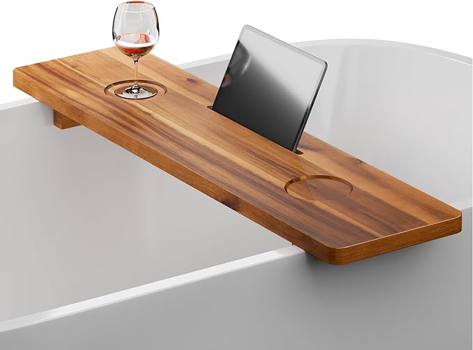Tinamo Acacia Bathtub Caddy Tray Table | 35x9 Inch Large Bath Tub Wooden | Anti-Tipping, Sustainable Tub Tray for Bath tub | Bath-tub Accessories Holders for Bath-tub (Acacia, 35" x 9" x 2.5") | Acacia Wood, 35" x 9" x 2.5", Custom Legs, Phone/Tablet &...