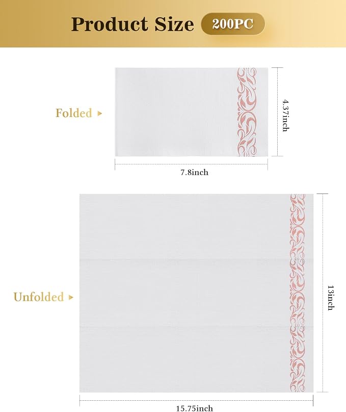 Goodluck 200 Pack 3-Ply Disposable Napkins - Soft & Absorbent Paper Hand Towels for Bathroom Guests, Dinner Party, Kitchen, Christmas, Wedding & Events, Parties - Rose gold Trim