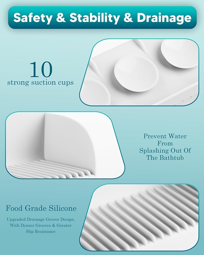 Silicone 24 Inch Bathtub Splash Guard, Grey | Bath Tub Tray with 10 Strong Suction Cups, athtub Shelf Toy Holder, Prevent Water Spills in Bathroom, Easy Clean & Fold