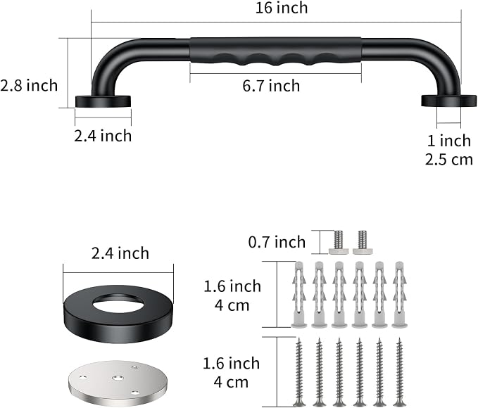 2 Pack 16 Inch Black Shower Grab Bar w/Anti Slip Rubber Grip,ZUEXT Stainless Steel Bath Grab Bar,Bathroom Balance Bar,Wall Mount Safety Handrail Support,Handicap Injury Elderly Senior Assist Handle