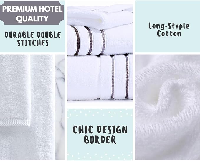 Bath Towels Set for Bathroom – Luxury 6-Piece Cotton Towels, Soft Absorbent & Quick Dry, 600 GSM Bath Towels for Bathroom, Hotel Spa Quality (2 Bath, 2 Hand, 2 Washcloths, White Grey Charcoal Stripe)