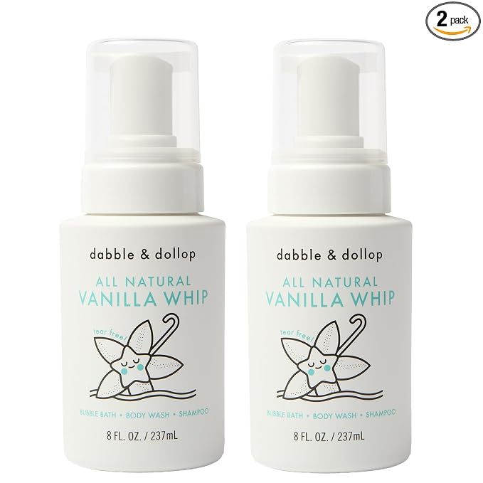Dabble & Dollop Vanilla Kids 3-in-1 Foaming Body Wash, Shampoo & Bubble Bath – Tear-Free, Gentle, Natural-Origin, Hypoallergenic and Safe for Sensitive Skin (8 fl oz, Pack of 2)