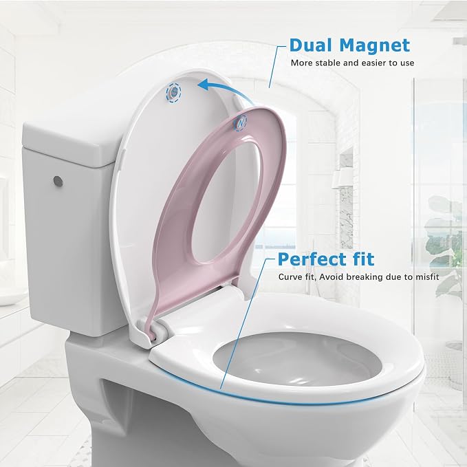 Toilet Seat Cover,Toddler Toilet Seat Round with Built-In Potty Seat for Kids, Soft-Close PP Material for Safe Use, Easy Installation for Home Bathroom Upgrade - Pink Lid