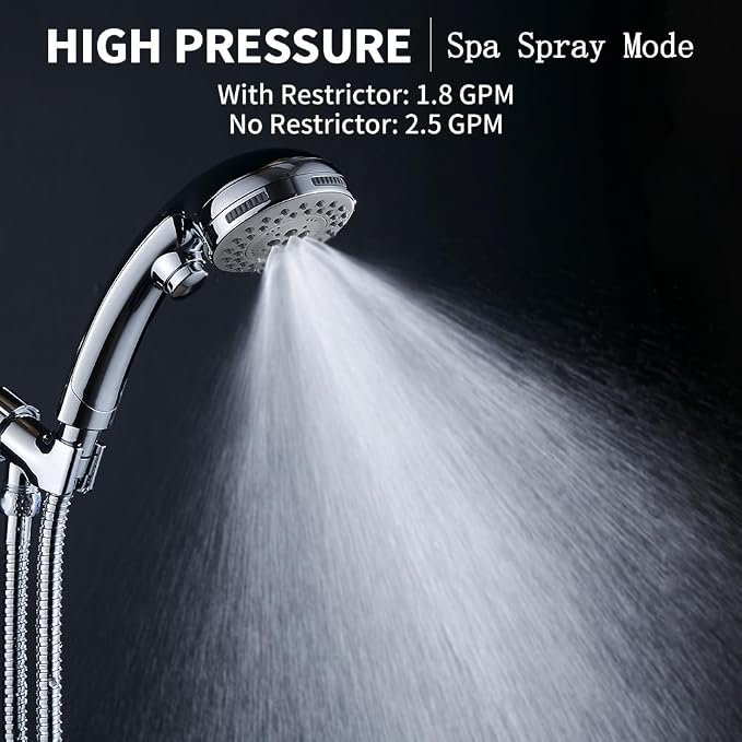 High Pressure Shower Head with Handheld Spray 6 Settings Hand Held Shower Head with On Off Switch and Spa Spray Mode 60 In Hose, Chrome