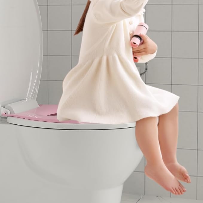 17” Round Toilet Seat with Built-in Toddler Seat for Easy Potty Training, Baby Toilet lid 2 in 1, Easy Install and Clean, PP Material Safe and No Loosen, Perfect for Both Adults and Children, Pink