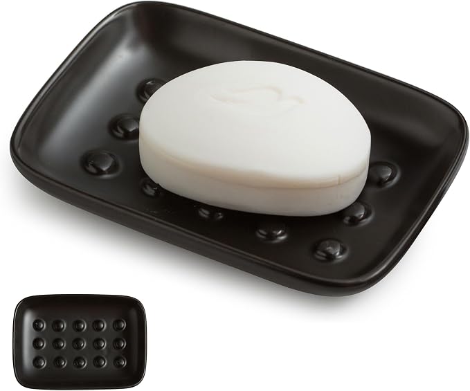 Miamolo Soap Dish, Ceramic Soap Holder Shower Soap Dish for Bar Soap Sponge, Soap Saver Tray for Bathroom Kitchen Sink, Black