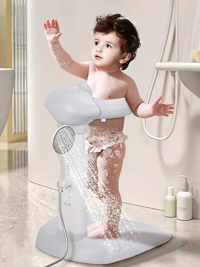 Foldable Design Baby Shower Stand with Armrest High Stability Adjustable Height Baby Shower Standing Support, Collapsible Kids Showering Rack with Head Holder Grey