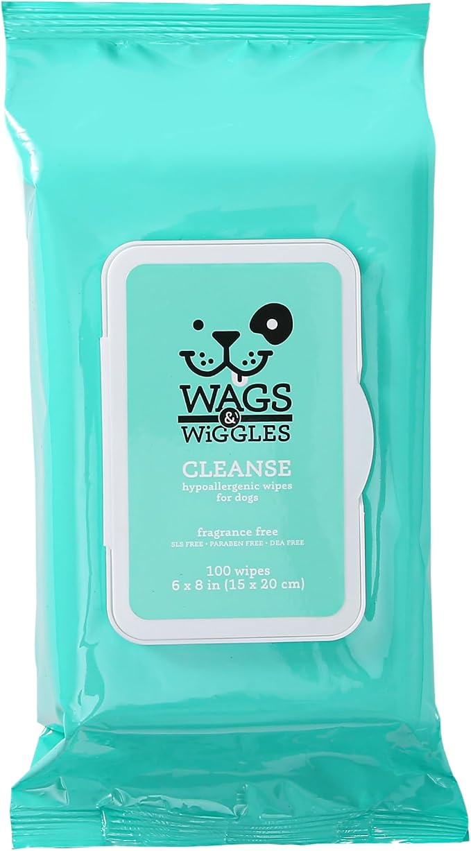 Wags & Wiggles Hypoallergenic Dog Wipes for Sensitive Skin, Fragrance-Free Waterless Cleansing Cloths for Paws, Face, and Dog Body, No SLS, Parabens, or DEA, 100 Count