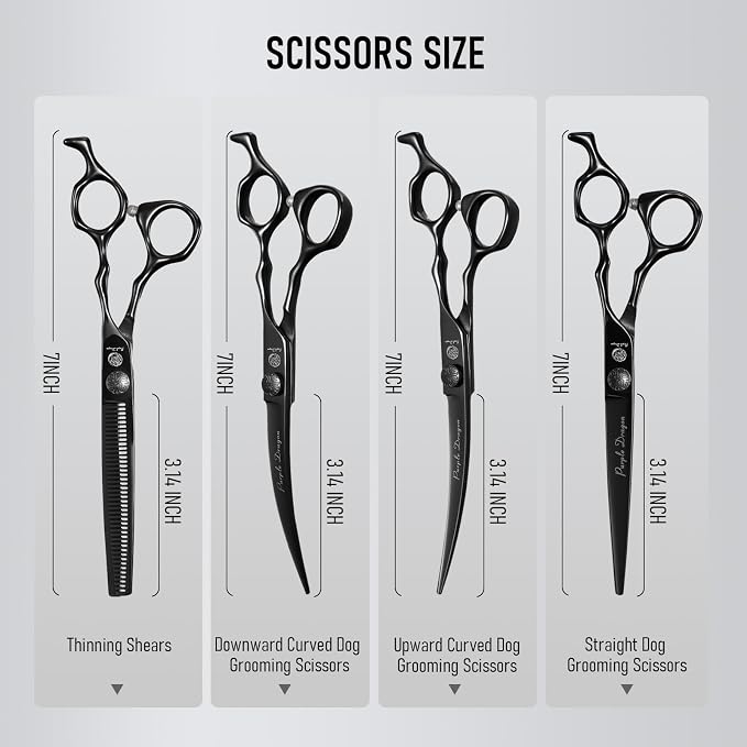 Purple Dragon Dog Grooming Scissors Set - Thinning, Straight, Up & Down Curved Scissors and Comb, 7 Inch Black Shears with Adjustable Screw for Dogs and Cats