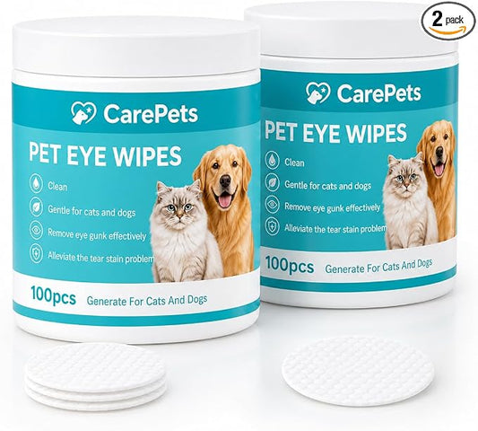 Eye Wipes, 100 Count Pet Tear Stain Cleaning Pads for Dogs and Cats, Gentle Textured Eye Area Wipes with Aloe Vera and Chamomile, Fragrance Free (2) | Gentle Textured Eye Wipes