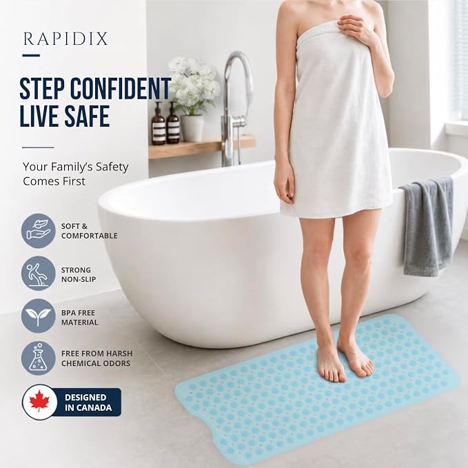 Non-Slip Bathtub Mat – 39"x15.5" Extra Long Shower Mat with Powerful Suction Cups & Drain Holes, Machine Washable Bath Mat for Tub, Foot Massage Texture, Helps Keep Tubs Clean, Clear Blue