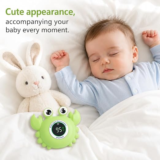 Baby Bathtub Thermometer with LED Display Screen+Green Crab toy-2-in-1 | Color Coded Alarm (Cold/Comfortable/hot) Bath Temperature Monitor, Adorable Floating Toys for Infants, Essential for Babies