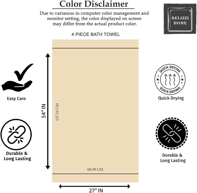 Belizzi Home 4 Pack Bath Towel Set 27x54, 100% Ring Spun Cotton, Ultra Soft Highly Absorbent Machine Washable Hotel Spa Quality Bath Towels for Bathroom, 4 Bath Towels - Jade