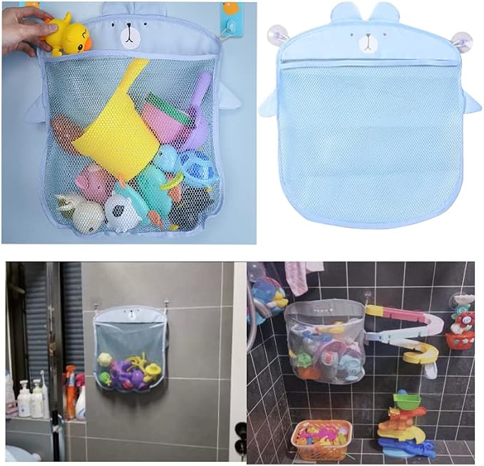 Mesh Bath Toy Storage, The Bath Toy Holder for Bathtub Toys & Bathroom Organizer Bag，Compatible with Bath Toy Storage,with Two Complimentary Suckers (Blue Bear)