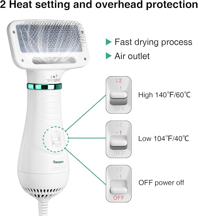 Ownpets Pet Hair Dryer, 2 in 1 Quiet Portable Pet Grooming Blower with Slicker Brush, Adjustable Temperature & Fast-Drying Towel, Home Pet Care for Dogs, Cats & Other Coated Breed