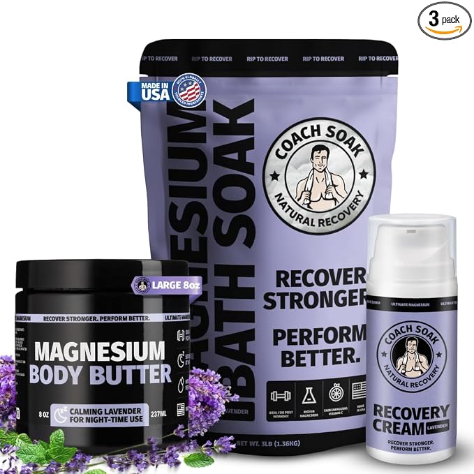 Coach Soak Magnesium Recovery Bundle - Bath Soak (3lbs), Nighttime Body Butter (8oz) & Magnesium Cream with MSM (3.4oz) – Lavender Scent
