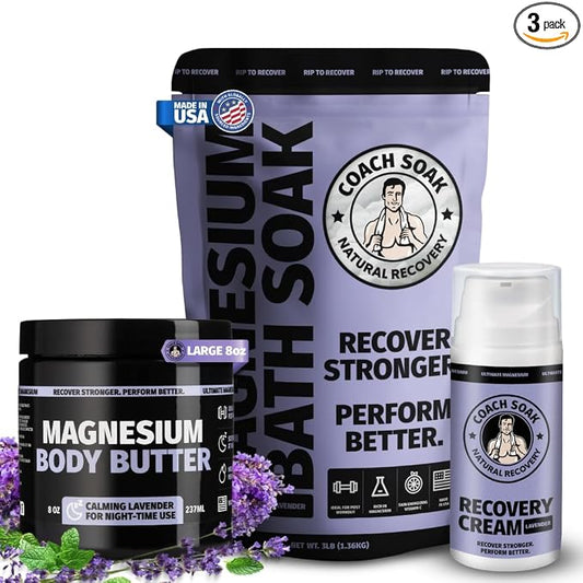 Coach Soak Magnesium Bath Soak, Body Butter & Lotion Bundle - Lavender | Bath Salt (3 lb), Shea Butter (8 oz) & Cream (3.4 oz) - Pure Flakes with Natural Recovery Cream for Relaxing Muscle Support