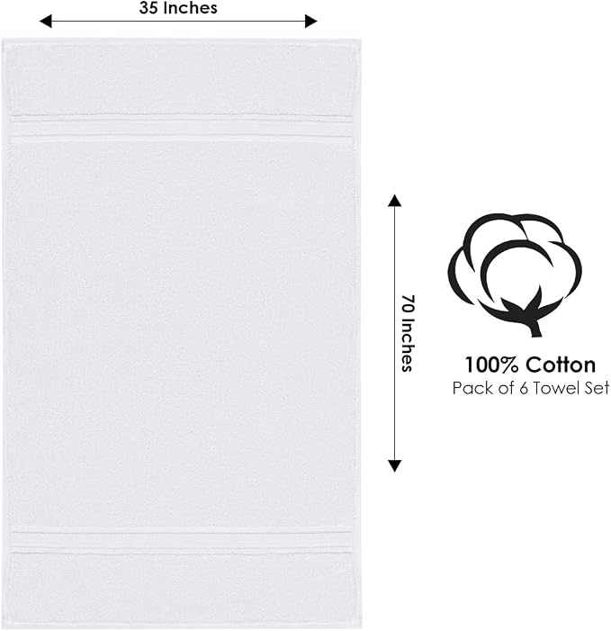 Terry Bath Sheet Set of 6 White Bath Towels Set 35x70 Inches, 100 Combed Long Staple Cotton 600 GSM Highly Absorbent Ultra Soft Oversized Large Luxury Hotel & Spa Quality Bathroom Towels Set