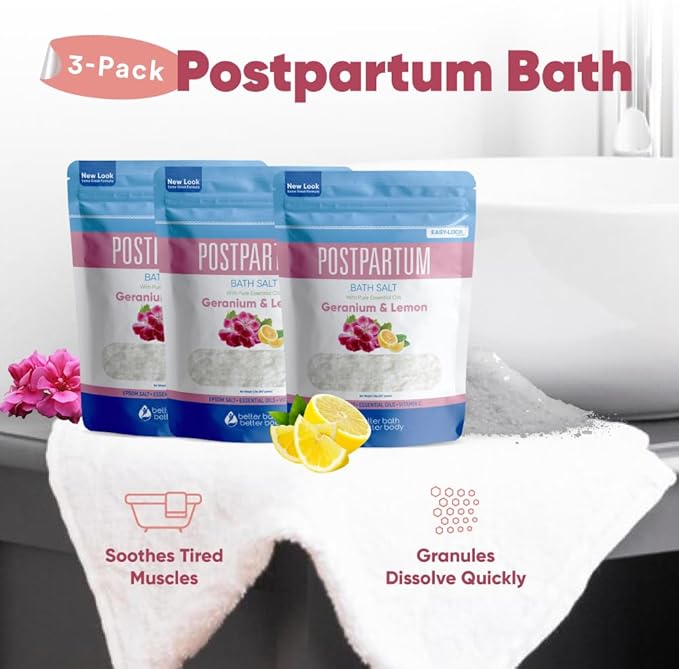 Postpartum Bath Salt (3 Pack) Postpartum Bath Soaks USP Grade Epsom Salt with Pure Essential Oils in BPA Free Pouch with Press Lock Seal Made in USA Three 2 Lbs Pouches 6 Lbs Total