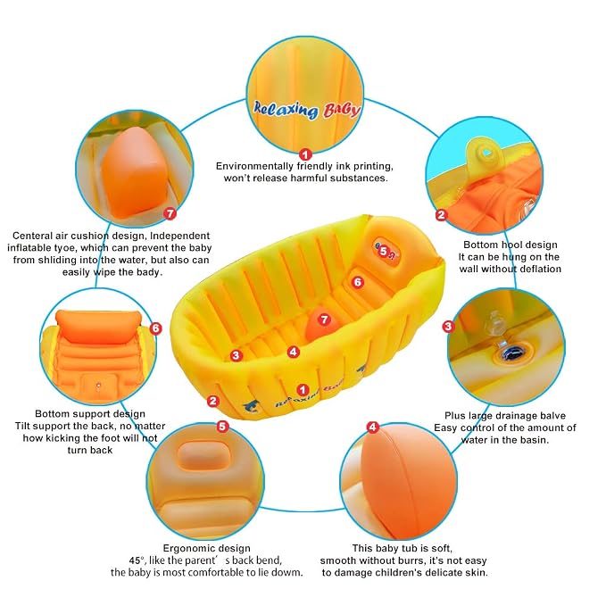| Inflatable Baby Bathtub,Newborn Bathtub Seat for Infant,Non-Slip Baby Pool for Sitting up,Foldable Toddler Tub Shower,Portable Travel Bath for Kids 0-6 Year (Orange, Animal Print)