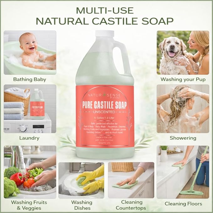 Organic Castile Soap Liquid Unscented 64 oz - Baby Body Hand Wash Shampoo | NaturSense plant-based liquid soap for baby, body, hands, hair, dishes, pets, home - organic oils, sulfate & paraben free