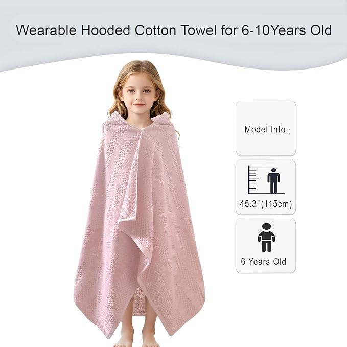 VOOVA & MOVAS Hooded Bath Towels for Kids | Soft Absorbent 100% Cotton Thick Towel Wrap | Versatile Beach, Pool, Swim & Bath Cover-Up | Pink Vertical Waffle