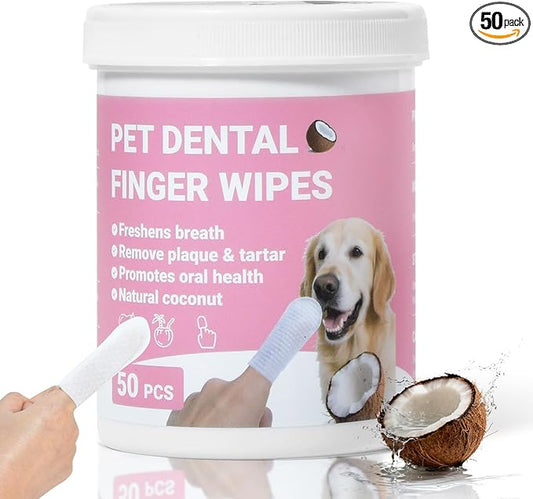 Teeth Cleaning Wipes for Dogs & Cats, Natural Formula Dog Finger Toothbrush Wipes Remove Plaque & Tartar Buildup, No-Rinse Disposable Dog Dental Care Finger Wipes(50 PCS)