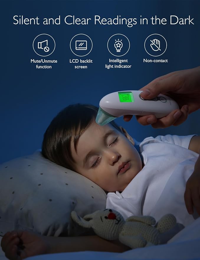 Momcozy Non-Contact Forehead and Ear Thermometer, Digital Infrared Thermometer for Adults and Kids, with Child Mode, Fever Alarm Function, Mute and Memory Functions, Fast and Accurate Measurement