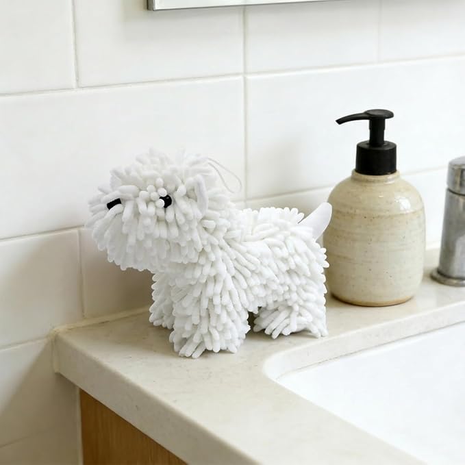 Cute Dog Chenille Hand Towel, 3D Puppy Hangable Fuzzy Ball Hand Towel Microfiber Super Soft Absorbent Bathroom & Kitchen Towels with Hanging Loop, Can Be Placed on the Sink Countertop (White & Gray)